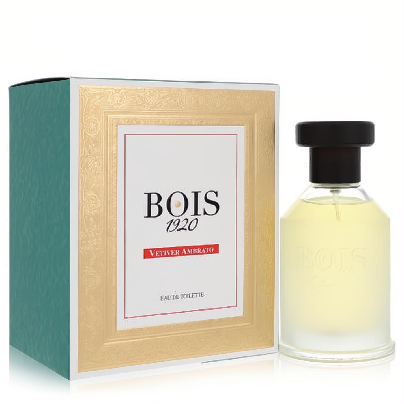 Luxurious Bois 1920 Vetiver Ambrato EDT spray bottle with light yellow liquid and its elegant gold-framed teal box.