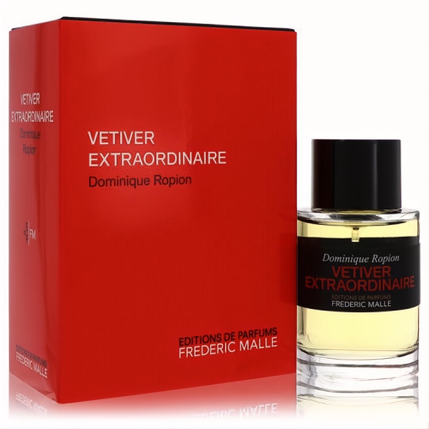 Sophisticated Frederic Malle Vetiver Extraordinaire Eau De Parfum. Clear glass bottle with black cap, bold red box, and elegant black label.