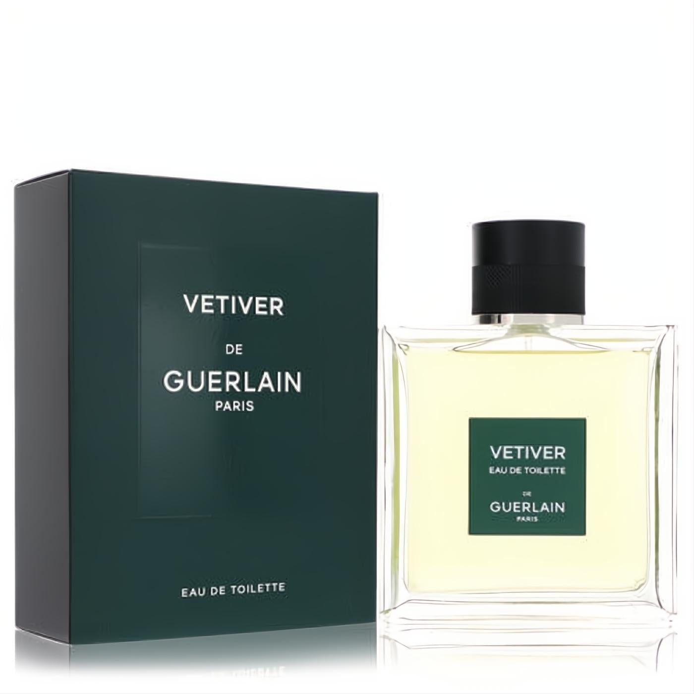 Sophisticated Vetiver Guerlain Eau De Toilette 3.4 oz in a clear glass bottle with light yellow liquid and its iconic dark green box.