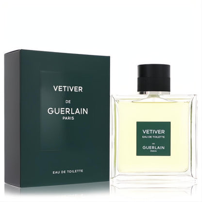 Sophisticated Vetiver Guerlain Eau De Toilette 3.4 oz in a clear glass bottle with light yellow liquid and its iconic dark green box.