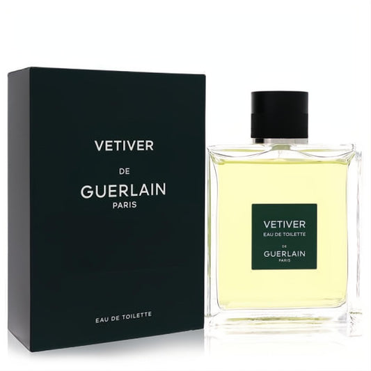 Sophisticated Vetiver Guerlain Eau De Toilette spray. Clear glass bottle with yellow fragrance and elegant dark green box.
