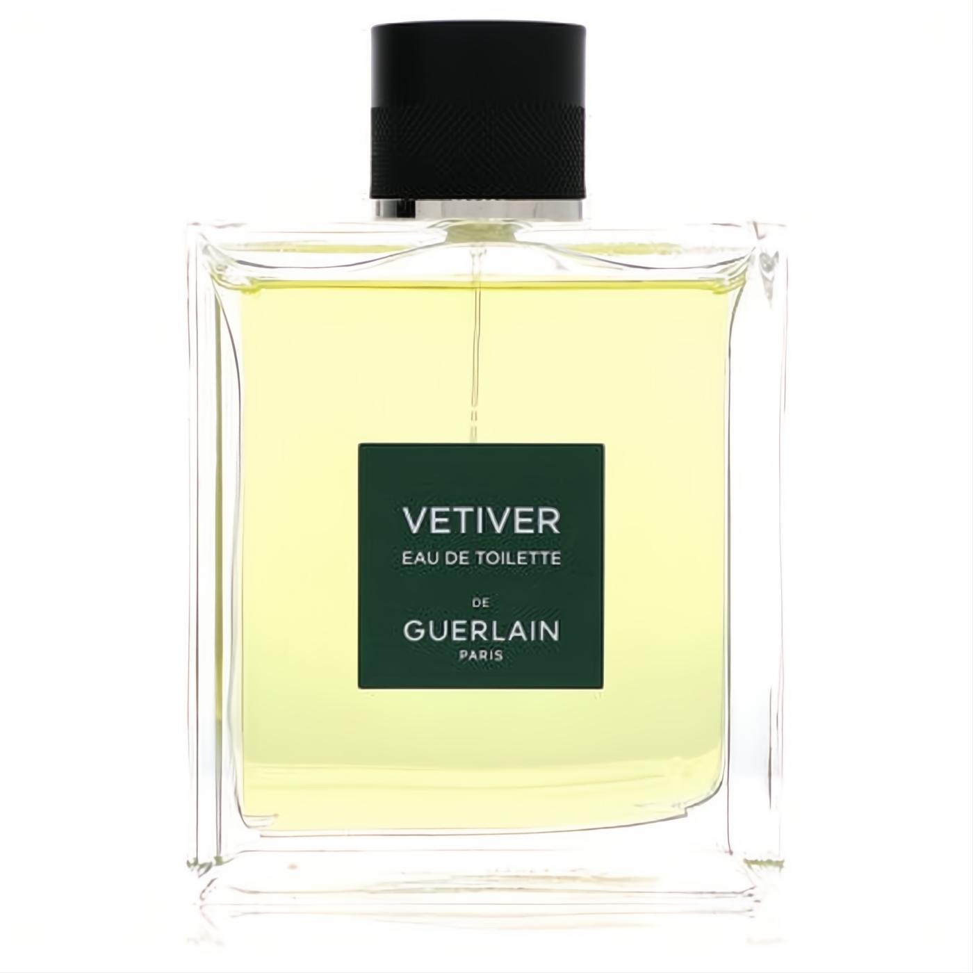 Sophisticated Guerlain Vetiver 5 oz EDT for men. Clear rectangular glass bottle, pale green fragrance, dark green label, sleek black cap.
