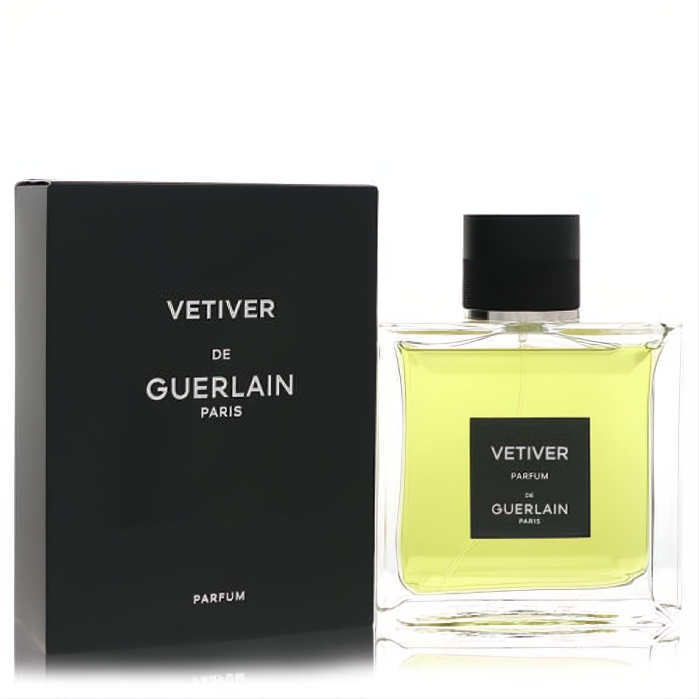 Experience the iconic Vetiver Guerlain 3.4 oz men's parfum. Features a clear glass bottle with vibrant green liquid and sleek black box.