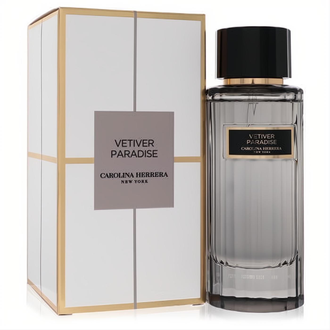 Carolina Herrera Vetiver Paradise 3.4 oz unisex EDT. Modern fluted glass bottle with black cap, presented in a luxurious white and gold box.