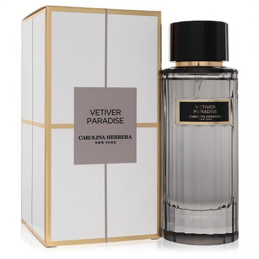 Carolina Herrera Vetiver Paradise 3.4 oz unisex EDT. Modern fluted glass bottle with black cap, presented in a luxurious white and gold box.