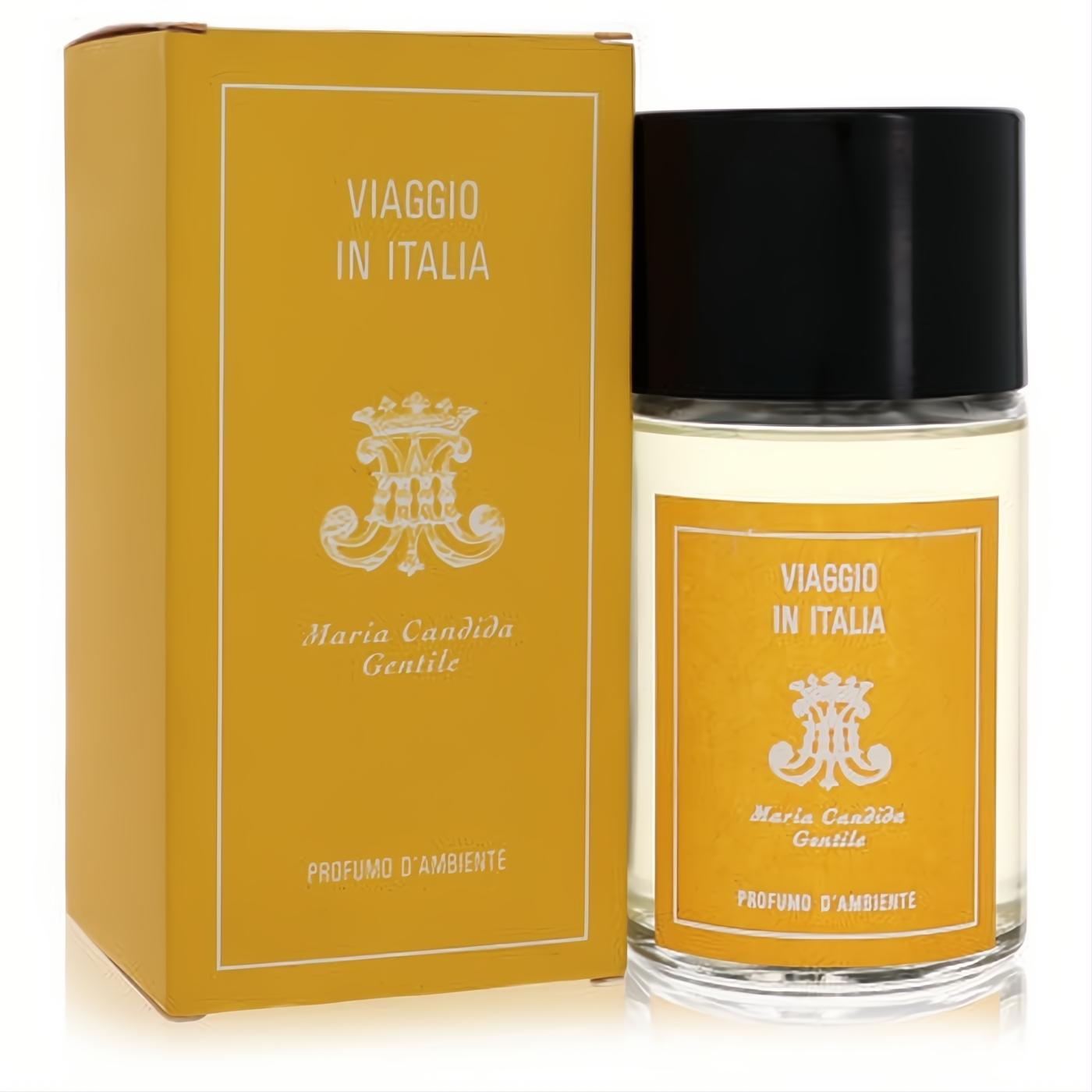 Experience Italy with Maria Candida Gentile's Viaggio In Italia 8.45 oz home diffuser. Golden yellow box, clear bottle, black cap.