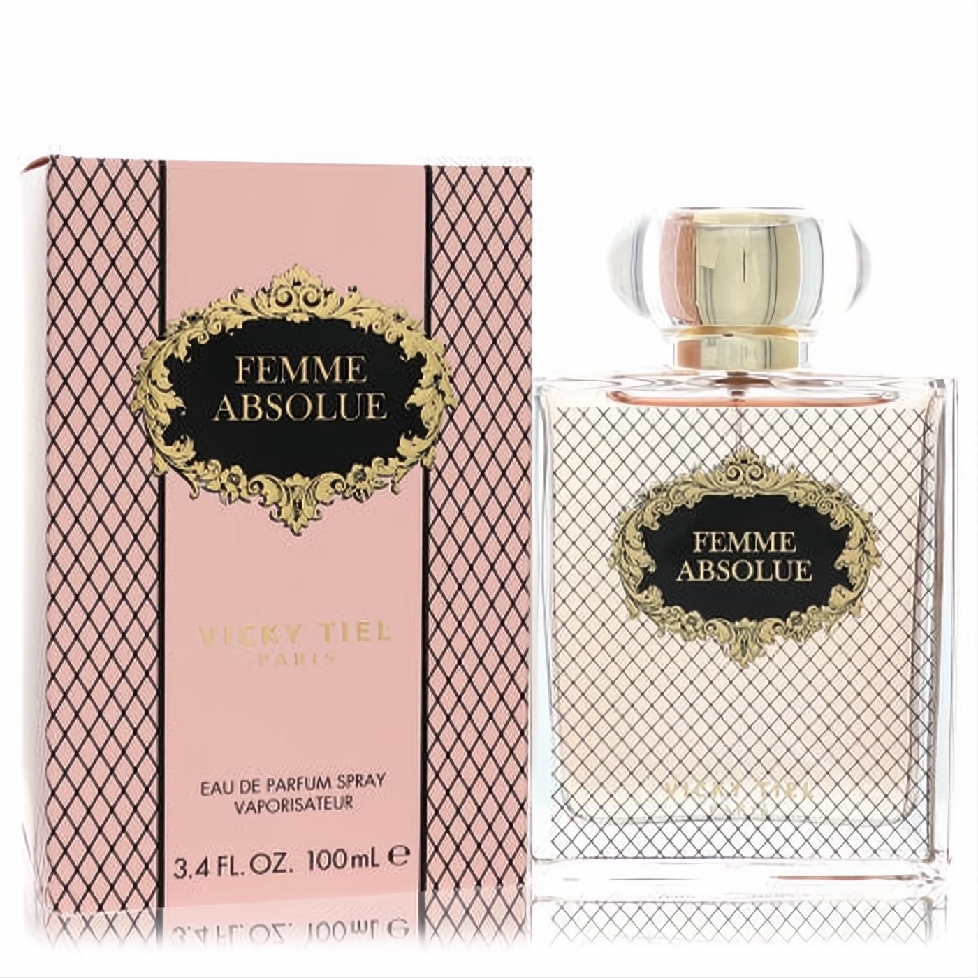 Vicky Tiel Femme Absolue 3.4 oz EDP. Chic pink box and clear bottle feature a captivating black fishnet design and ornate gold label.