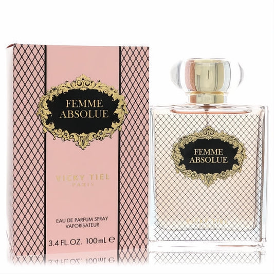 Vicky Tiel Femme Absolue 3.4 oz EDP. Chic pink box and clear bottle feature a captivating black fishnet design and ornate gold label.