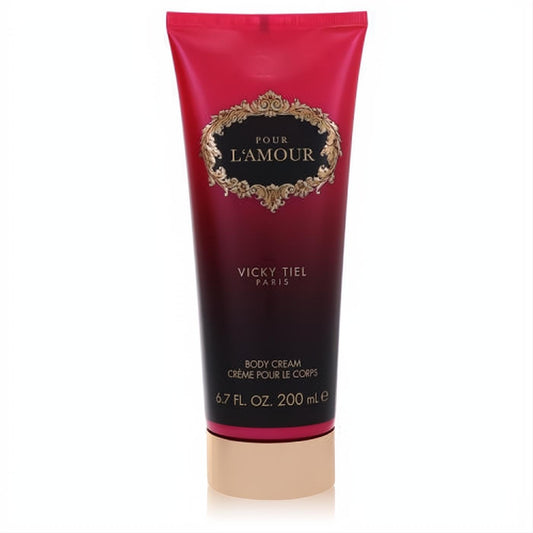 Vicky Tiel Pour L'amour women's body cream, 6.7 oz, in a luxurious fuchsia-to-dark tube with elegant gold accents.