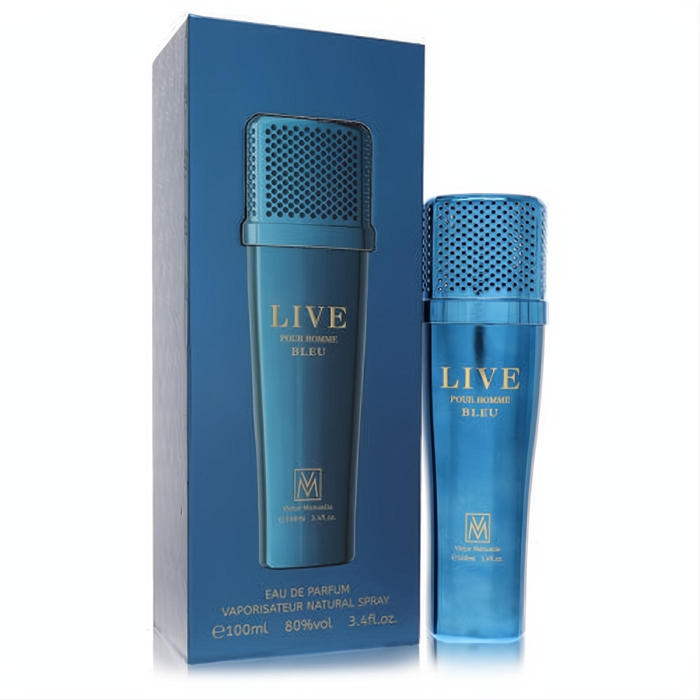 Elevate your style with Victor Manuelle Live Bleu 3.4 oz men's cologne in a striking metallic blue microphone bottle.