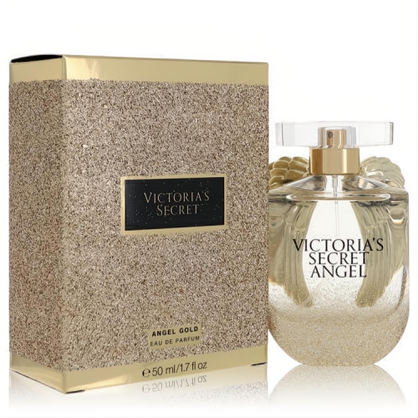 Victoria's Secret Angel Gold 1.7 oz EDP, a sparkling gold perfume bottle with iconic angel wings and matching glitter box.