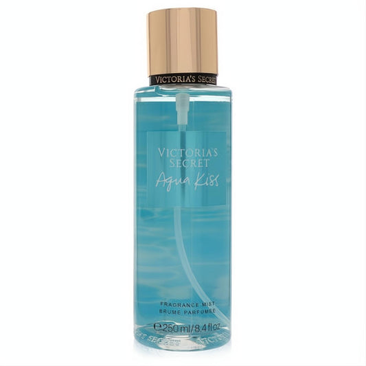 Victoria's Secret Aqua Kiss 8.4 oz fragrance mist. Clear bottle, vibrant blue liquid, sleek rose gold cap.
