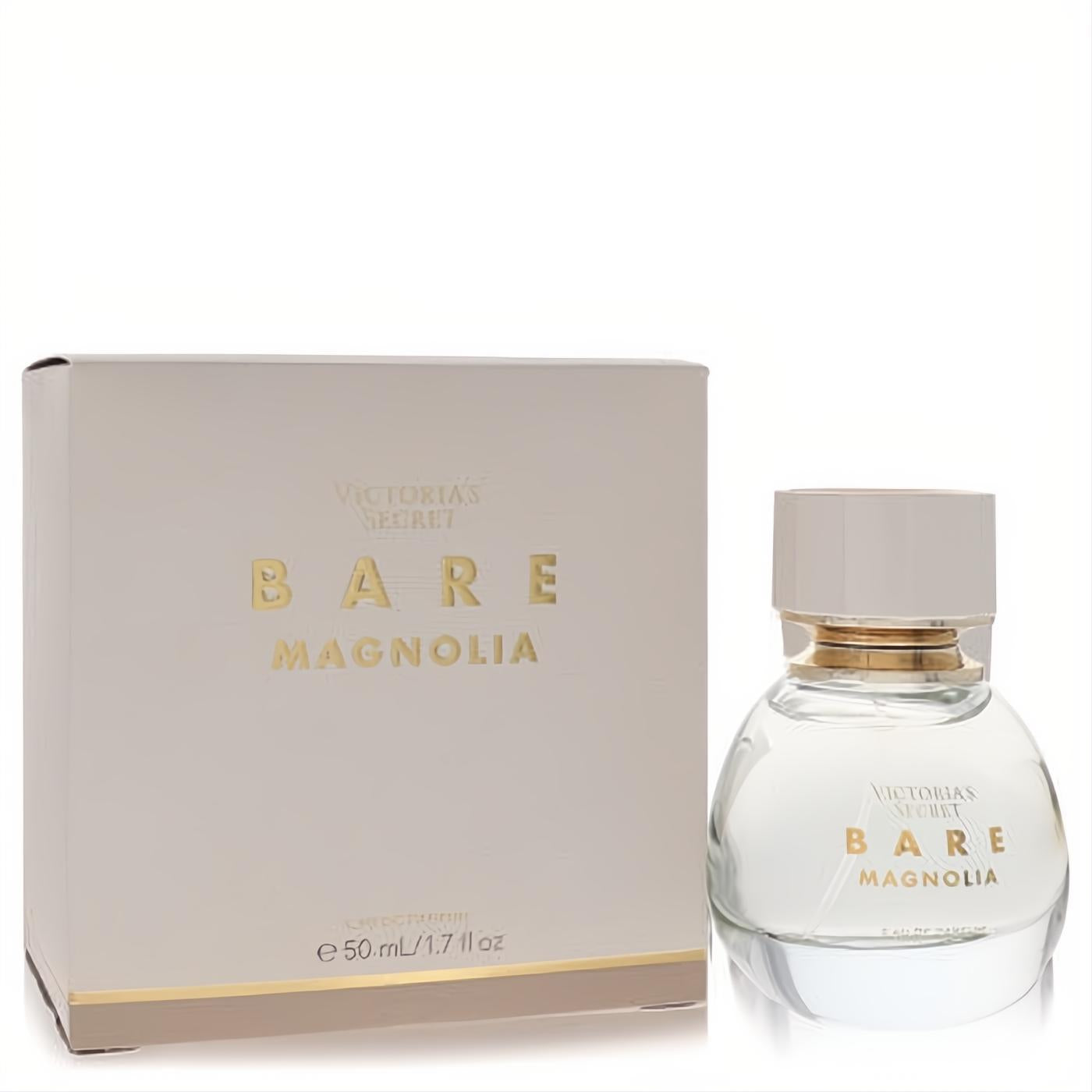 Victoria's Secret Bare Magnolia 1.7 oz EDP. Clear glass bottle with gold accents and elegant beige box.