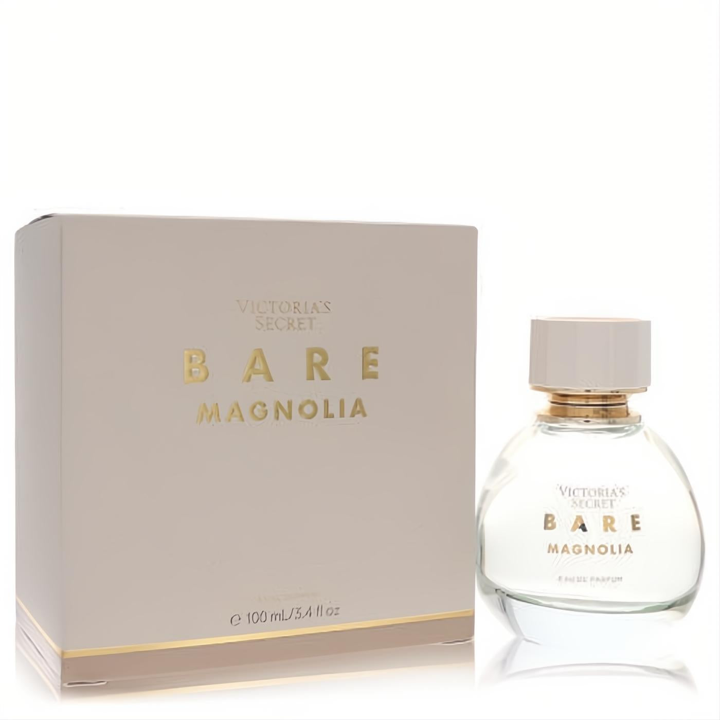 Elegant Victoria's Secret Bare Magnolia 3.4 oz EDP, featuring a clear glass bottle with a chic gold cap and its sophisticated beige box.