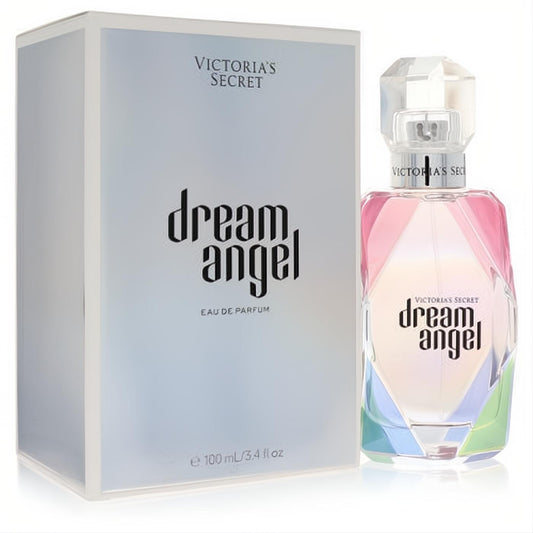 Stunning Victoria's Secret Dream Angel 3.4 oz Eau De Parfum in an iridescent faceted glass bottle, beside its elegant silver box.