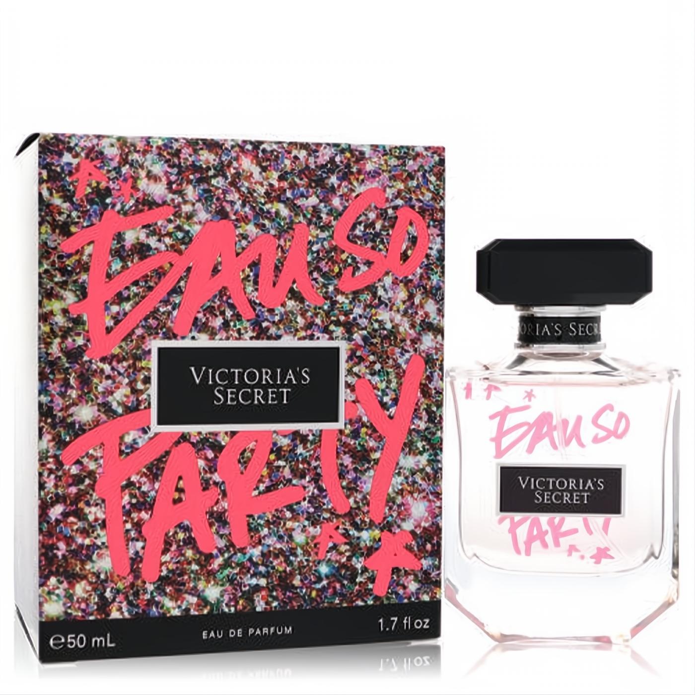 Victoria's Secret Eau So Party 1.7 oz EDP. Clear bottle, bold pink text, black cap. Sparkling confetti box.