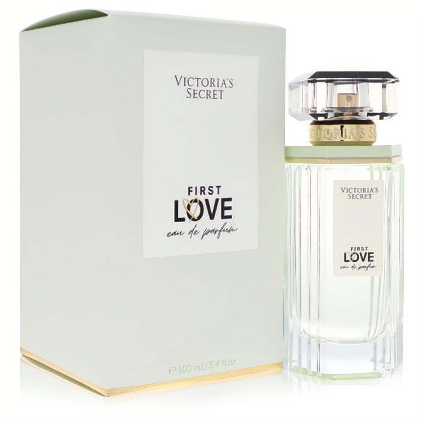 Victoria's Secret First Love 3.4 oz women's EDP. Elegant clear ribbed bottle, faceted cap, and chic light green box.