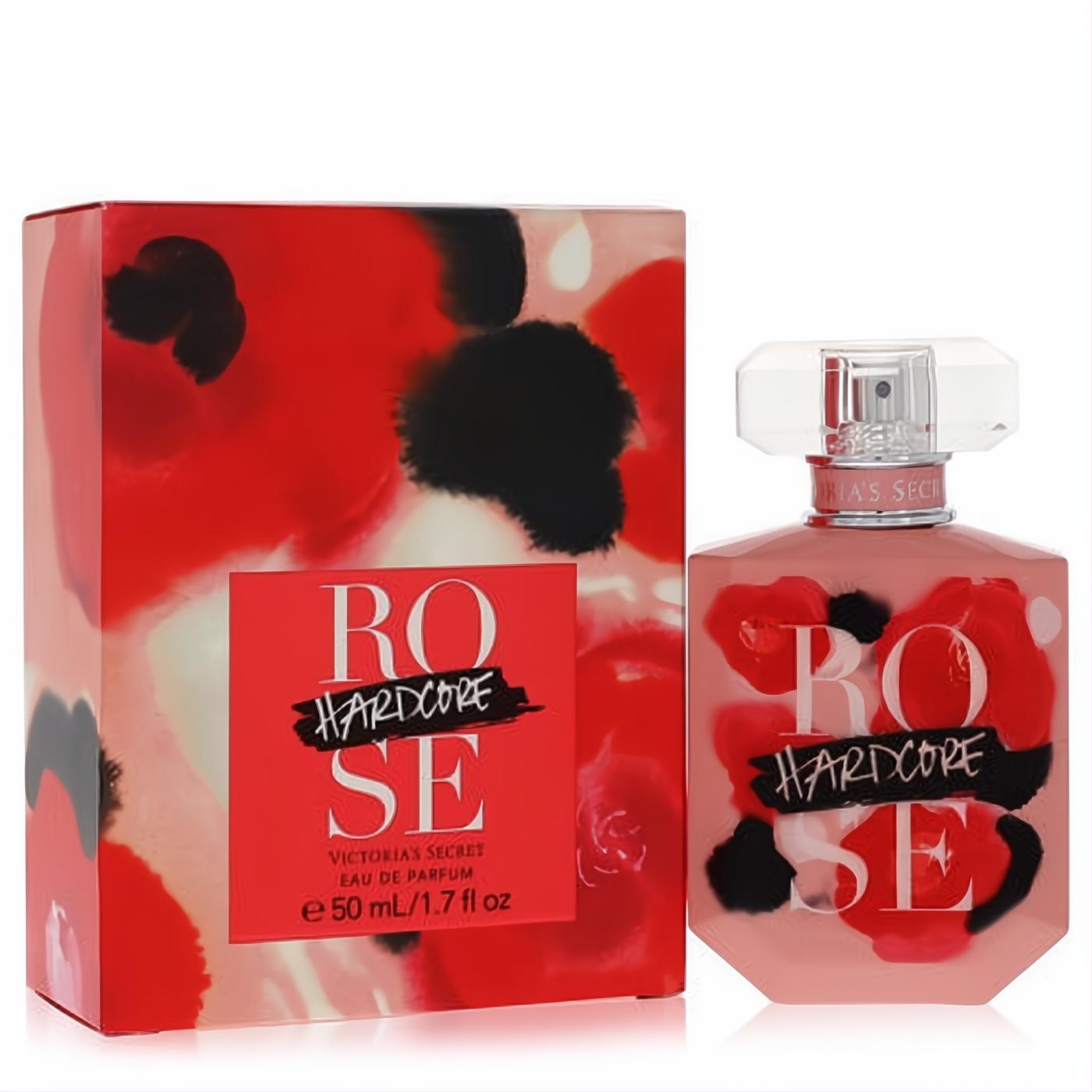 Victoria's Secret Hardcore Rose 1.7 oz EDP. Edgy red & black floral art adorns the pink faceted bottle & matching box.