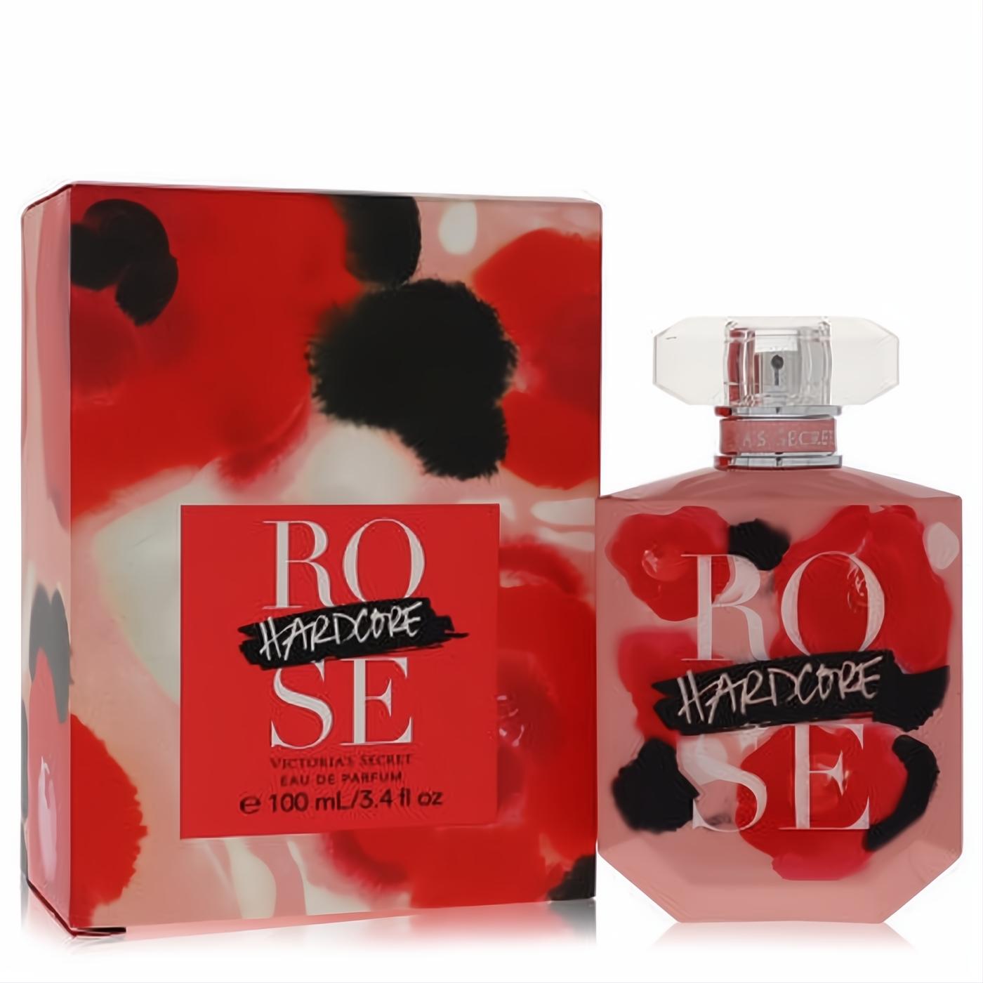 Sexy Victoria's Secret Hardcore Rose 3.4 oz EDP. Pink faceted bottle with bold "HARDCORE ROSE" text, paired with a vibrant red floral box.