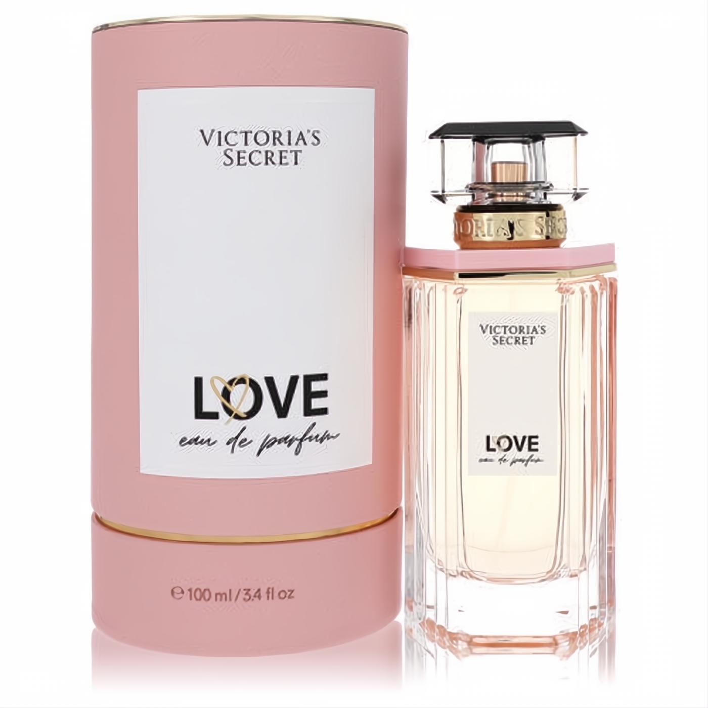 Experience Victoria's Secret Love 3.4 oz EDP. Elegant faceted bottle with blush pink fragrance and chic matching cylindrical box.