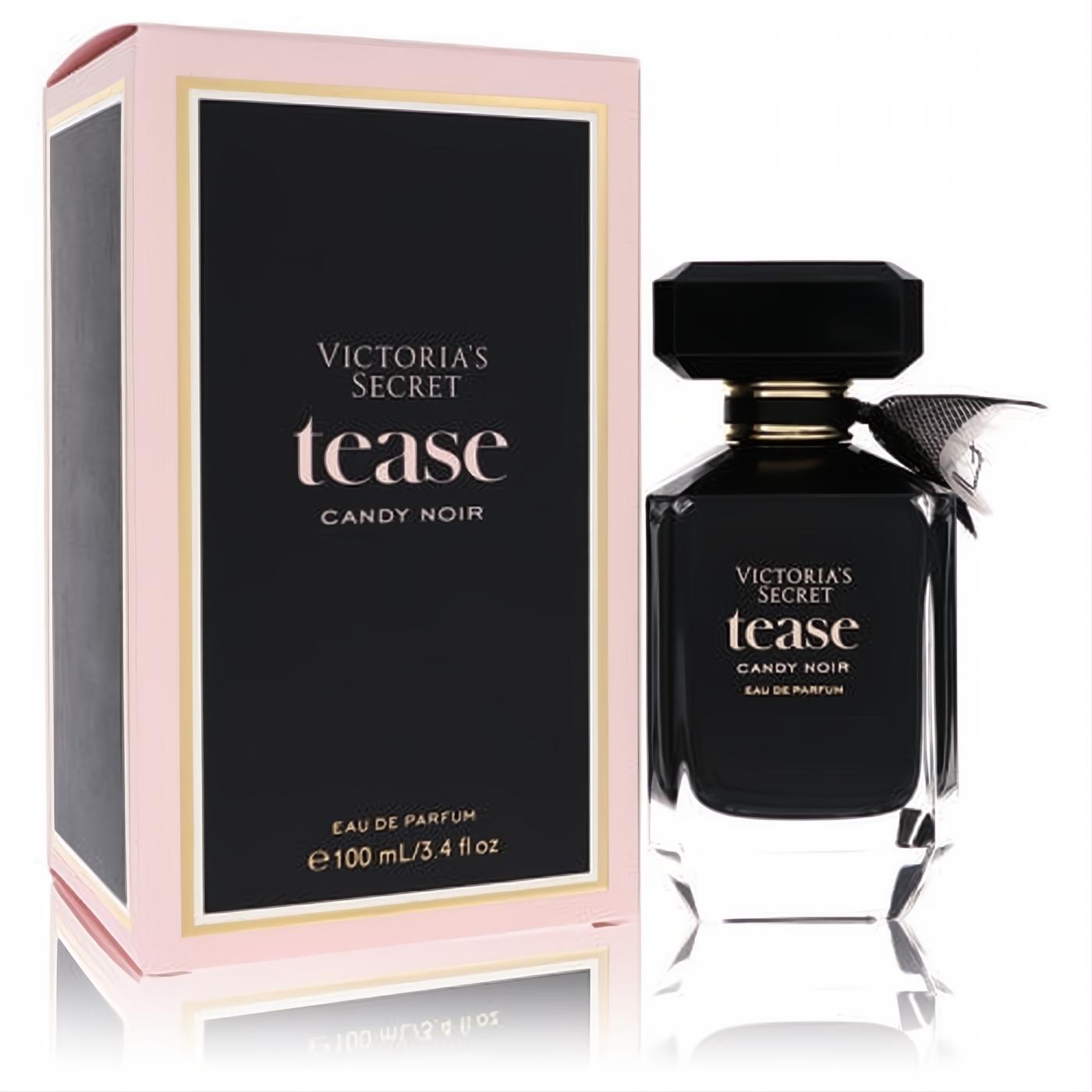 Victoria's Secret Tease Candy Noir 3.4 oz EDP. Elegant black bottle with gold accents, a chic bow, and a stylish pink & black box.