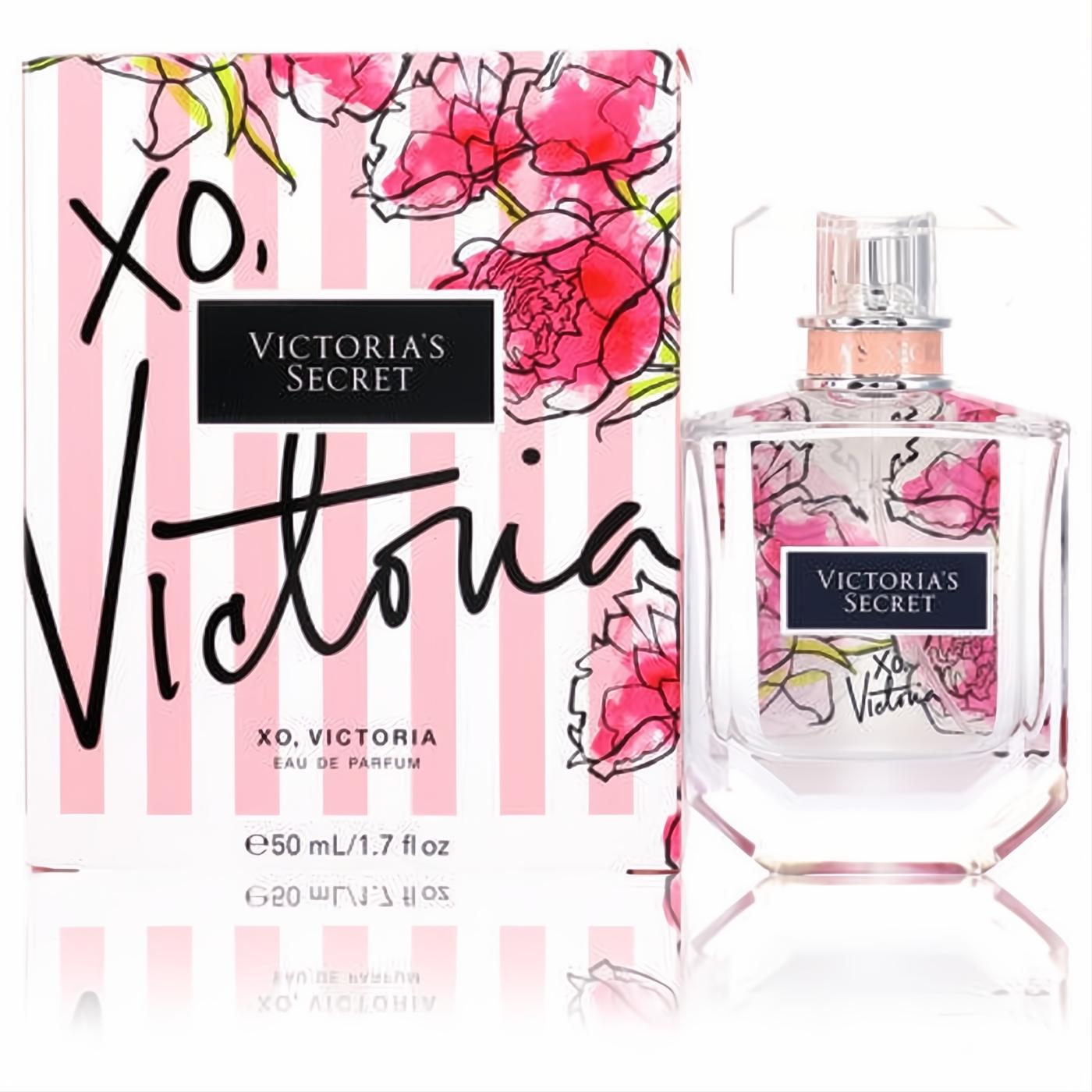Victoria's Secret XO Victoria 1.7 oz Eau de Parfum. Clear bottle with flirty pink floral art, matching striped box.