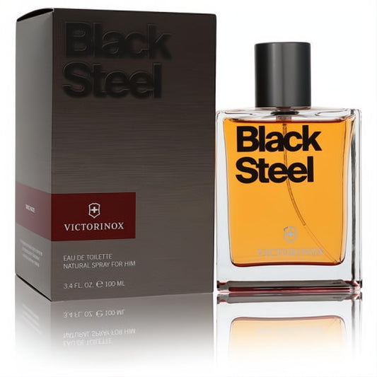 Victorinox Black Steel 3.4 oz men's EDT. Bold amber fragrance in a sleek clear bottle with black cap, beside its sophisticated dark box.