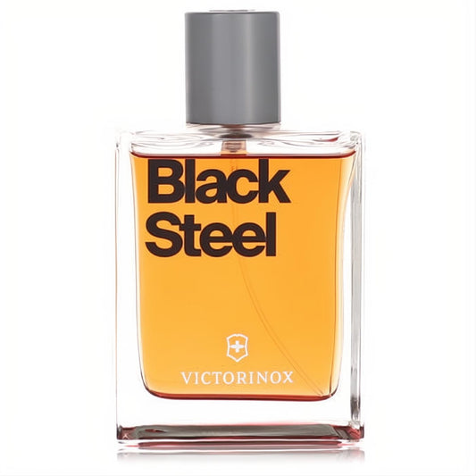 Victorinox Black Steel 3.4 oz men's EDT. Bold clear glass bottle, warm amber fragrance, sleek gray cap.
