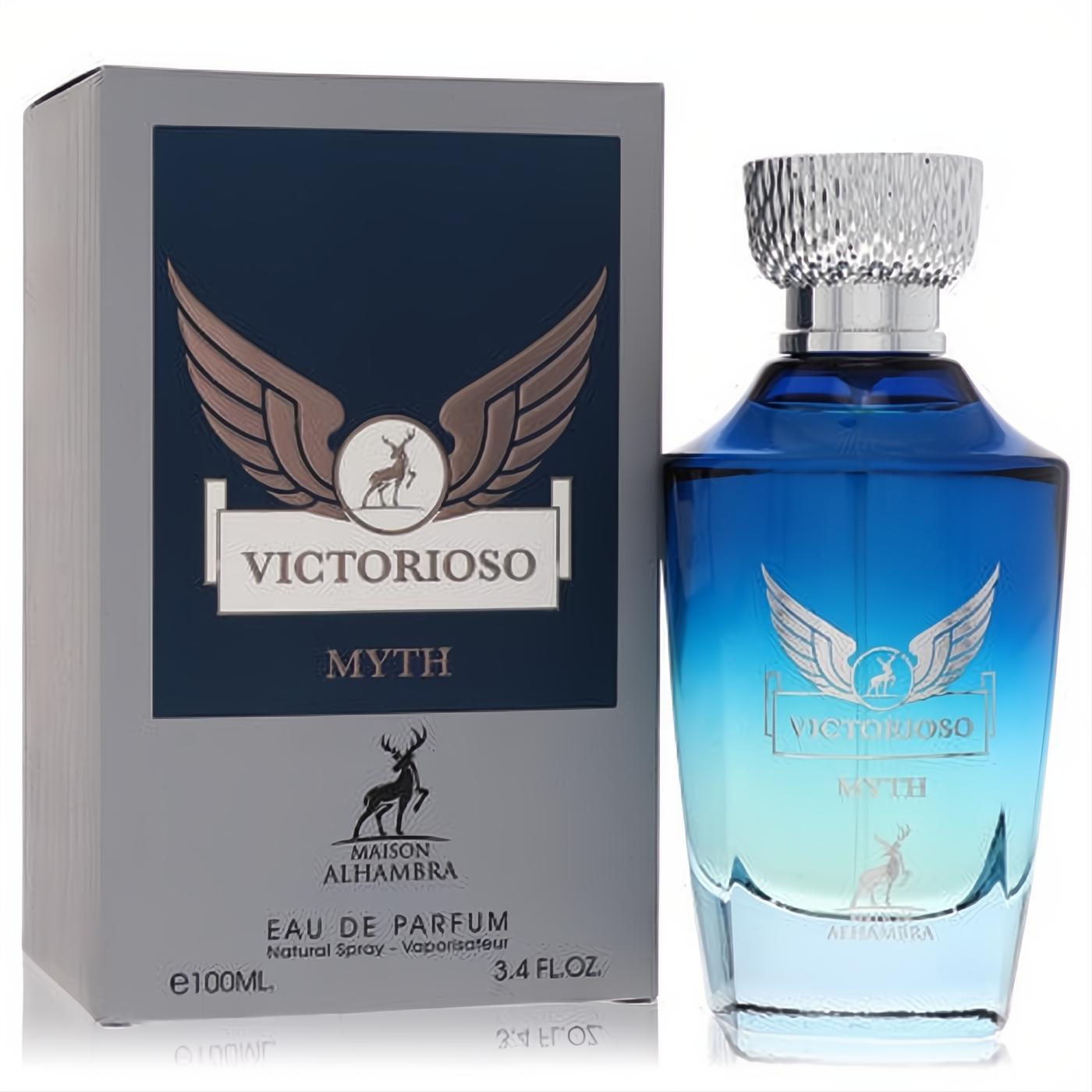 Captivating Victorioso Myth 3.4 oz men's EDP. Elegant blue gradient glass bottle, textured silver cap, and winged deer emblem. Premium gray box.