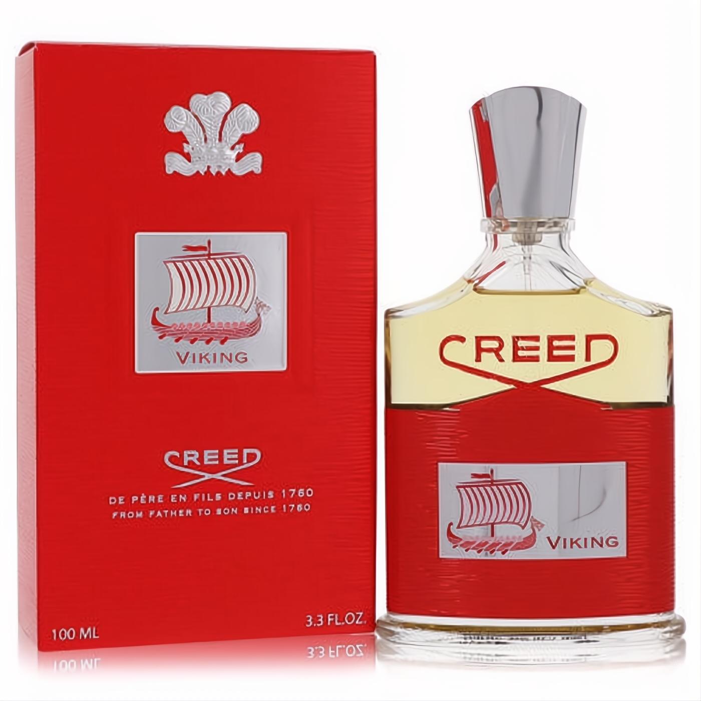 Creed Viking 3.3 oz men's Eau de Parfum. Bold red bottle with silver cap and iconic Viking ship logo, beside its matching red box.