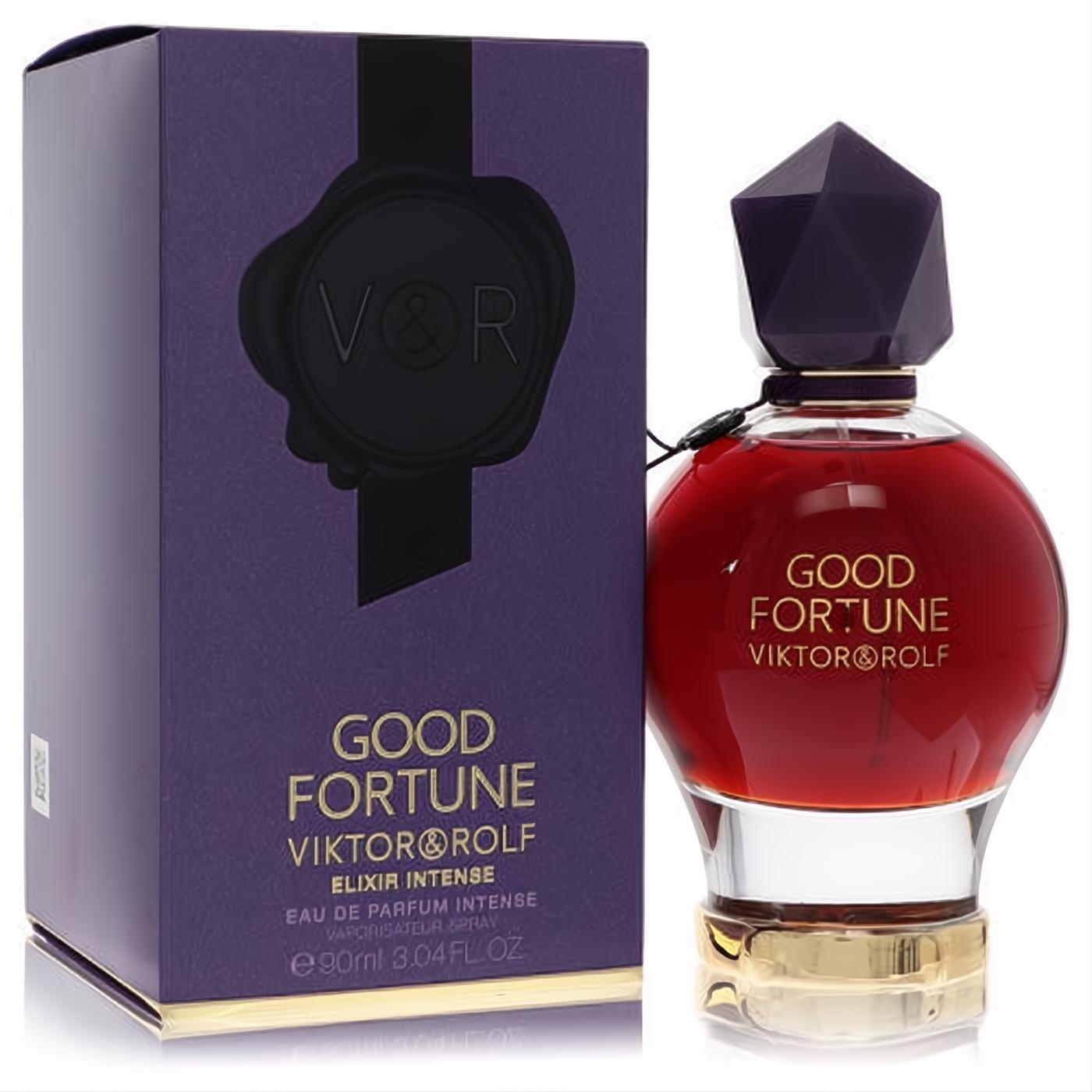 Viktor & Rolf Good Fortune Elixir Intense 3 oz perfume. Ruby red orb bottle with faceted purple cap and elegant purple box.