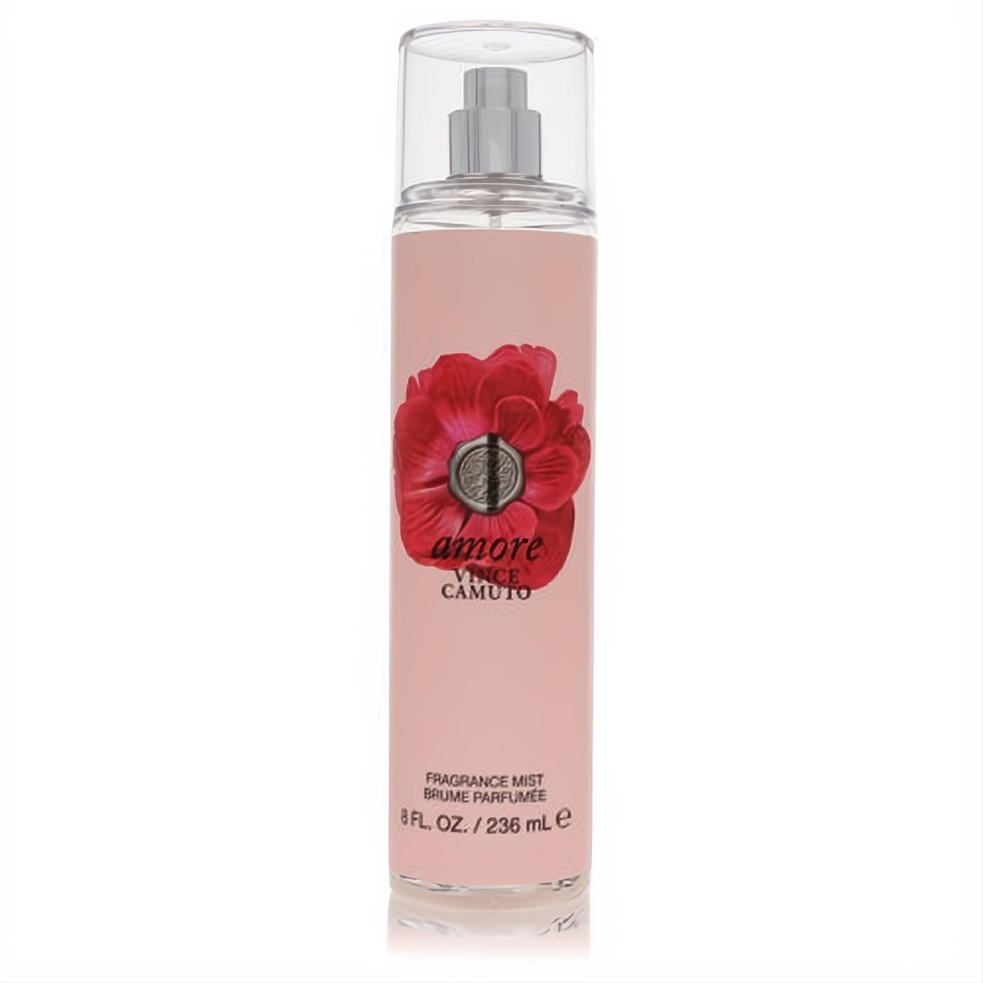 Vince Camuto Amore 8 oz body mist. Blush pink bottle with a striking red floral design and silver medallion, a passionate women's fragrance.