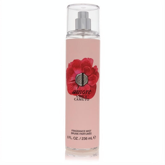Vince Camuto Amore 8 oz body mist. Blush pink bottle with a striking red floral design and silver medallion, a passionate women's fragrance.