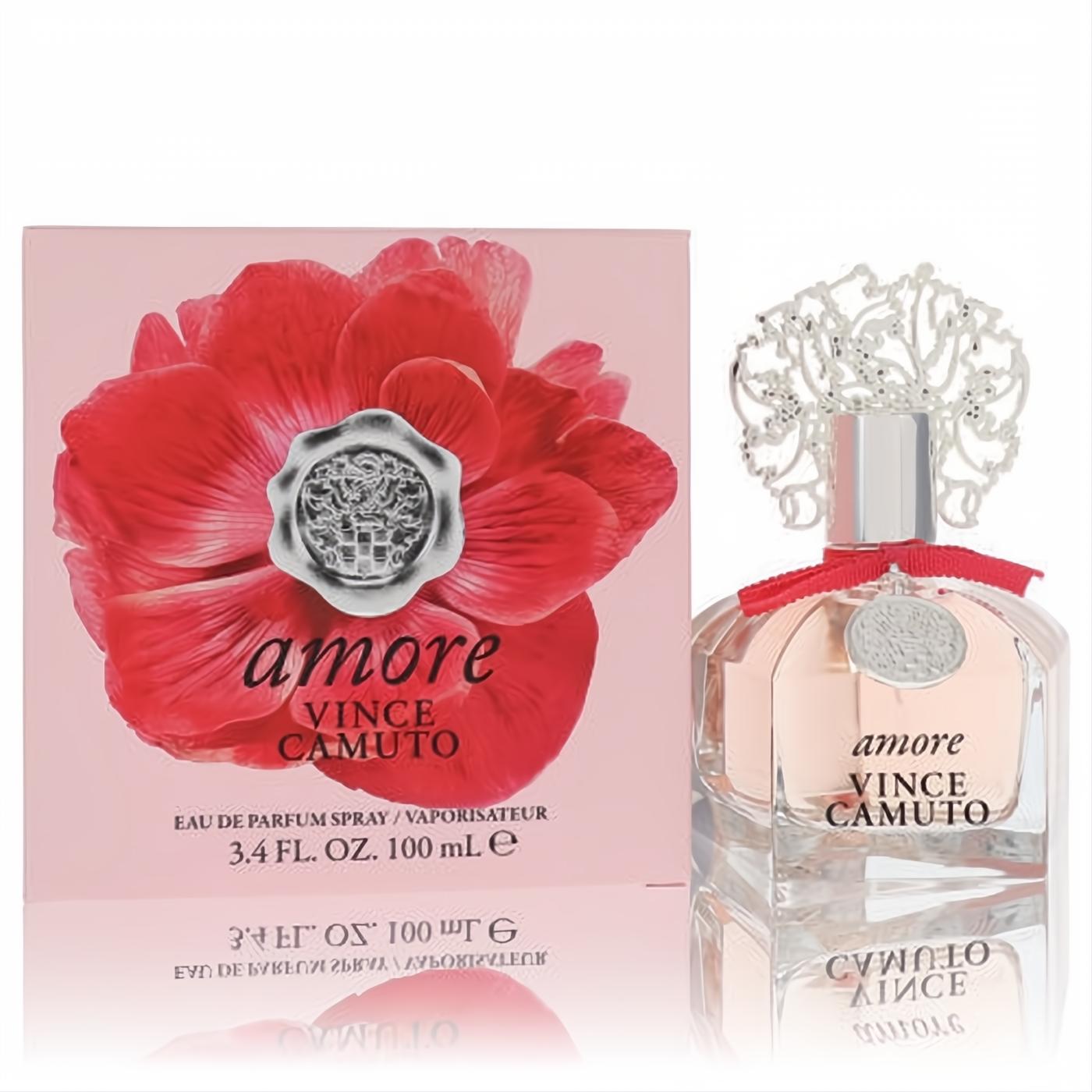 Vibrant Vince Camuto Amore 3.4 oz EDP spray, featuring a clear bottle, intricate silver floral cap, red ribbon, and a beautiful pink poppy box.