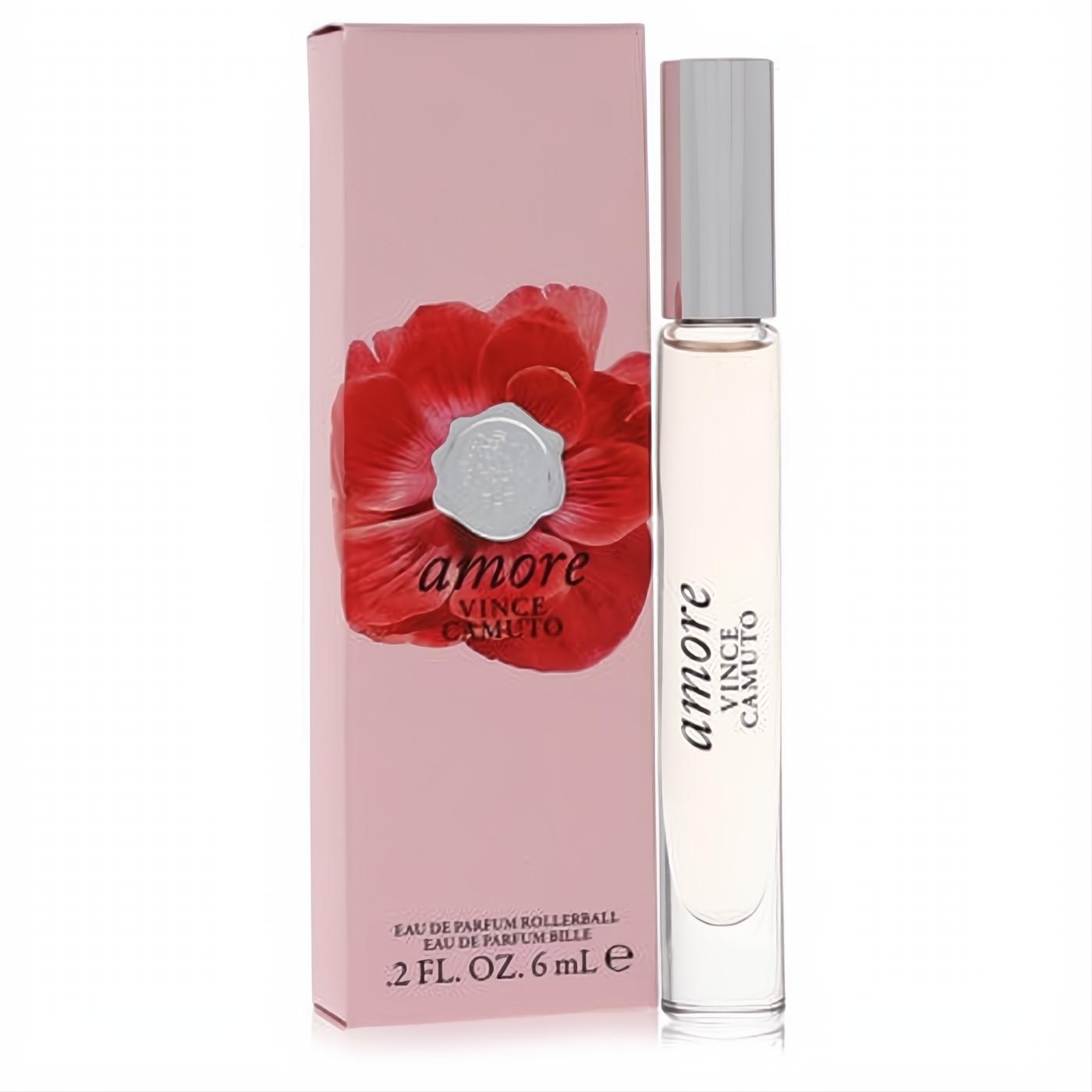 Vince Camuto Amore .2 oz mini EDP rollerball. Elegant clear glass bottle and a chic pink box with a vibrant red floral design.