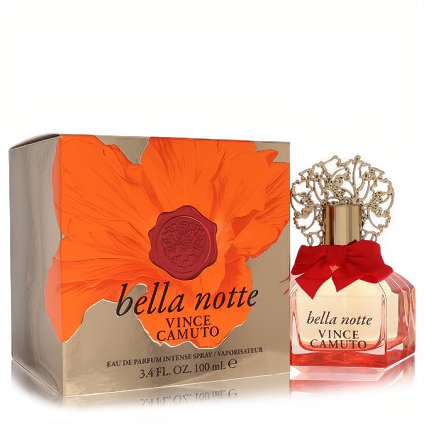 Vince Camuto Bella Notte 3.4 oz EDP. Luxurious faceted bottle, ornate gold cap, red bow, and vibrant orange poppy box.