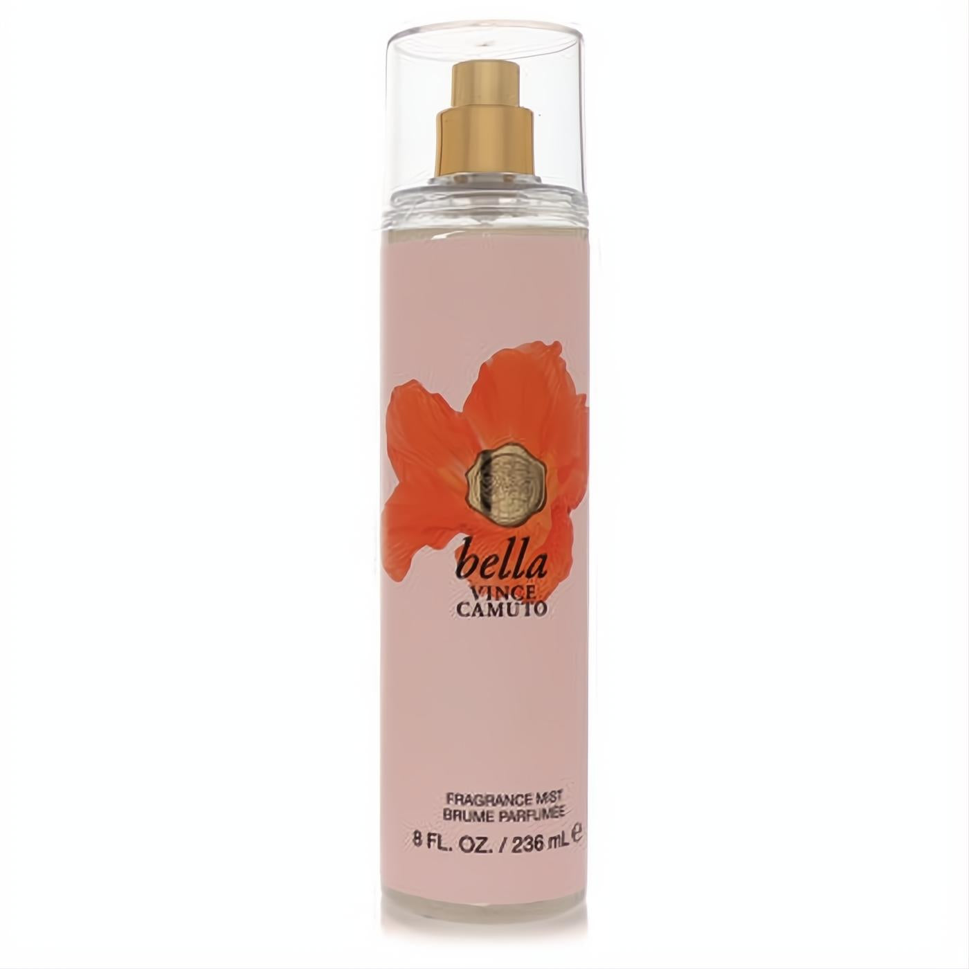 Vince Camuto Bella 8 oz body mist. Clear bottle showcases a dreamy light pink fragrance with a vibrant orange floral design and gold sprayer.