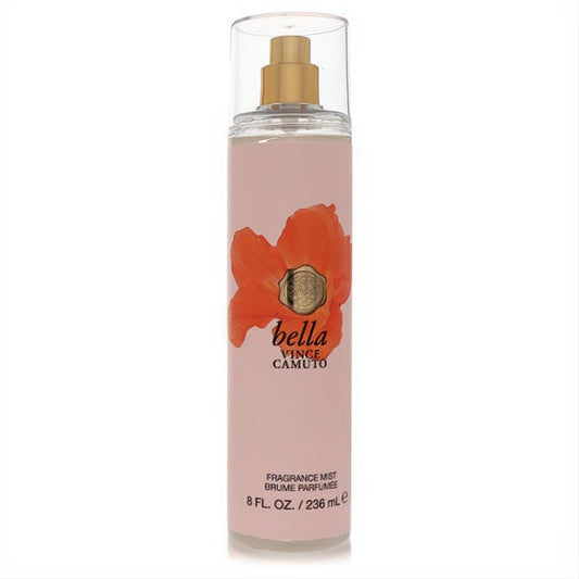 Vince Camuto Bella 8 oz body mist. Clear bottle showcases a dreamy light pink fragrance with a vibrant orange floral design and gold sprayer.