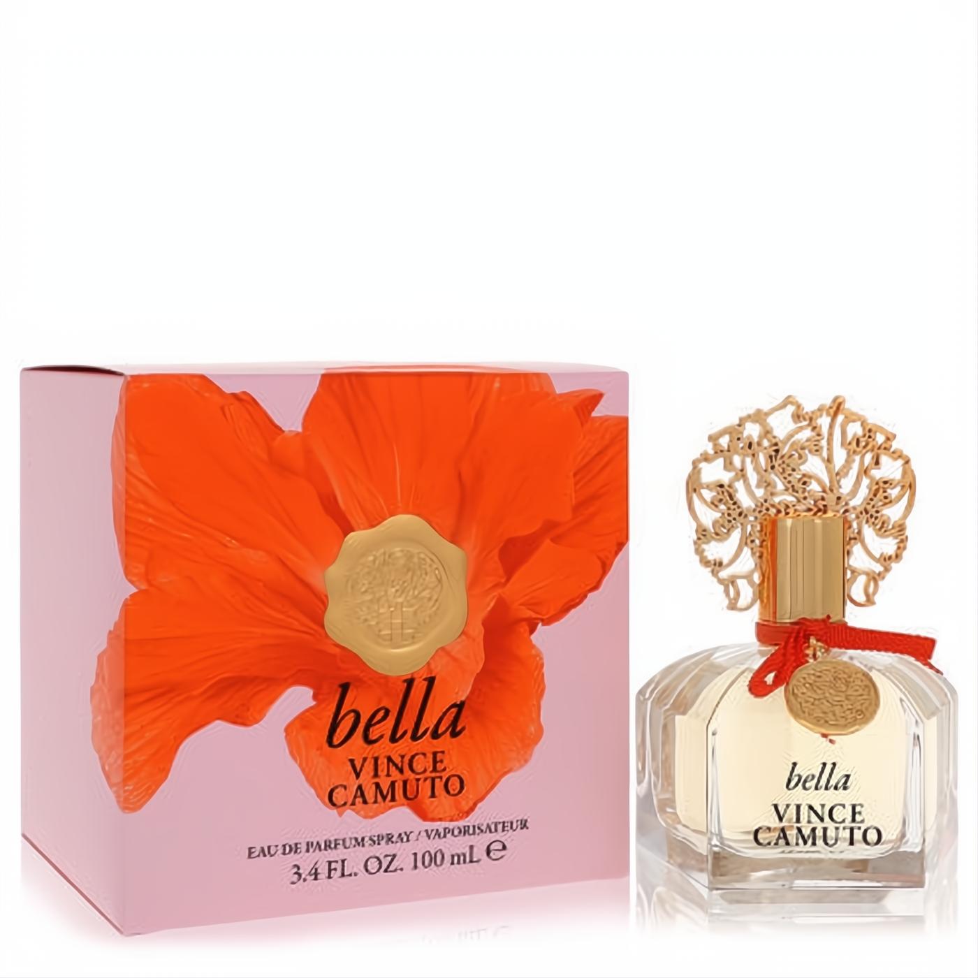 Captivating Vince Camuto Bella 3.4 oz EDP. Clear bottle, ornate gold floral cap, red ribbon, and vibrant pink box with an orange poppy.