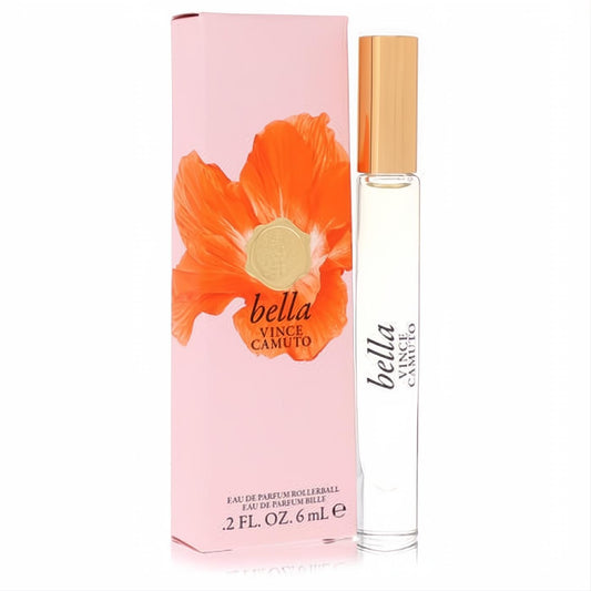 Vince Camuto Bella mini .2 oz EDP rollerball: clear glass tube, gold cap, and elegant pink box with a vibrant orange poppy.