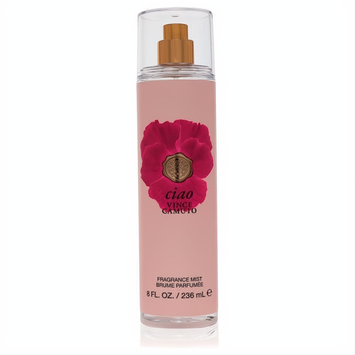 Vince Camuto Ciao 8 oz women's body mist. Stunning pink bottle featuring a bold red poppy design and gold sprayer.