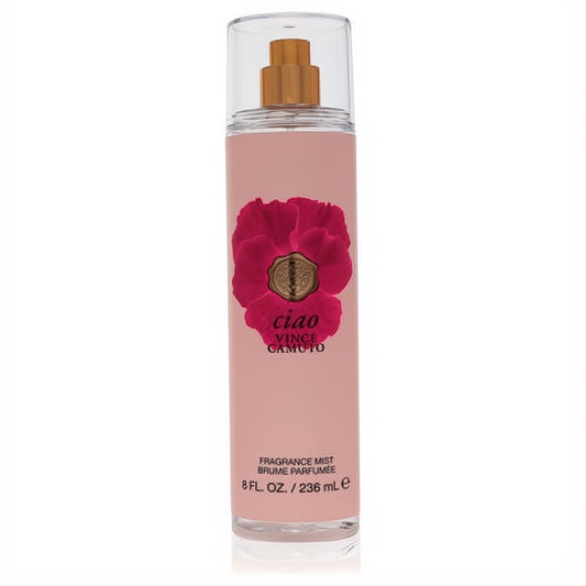 Vince Camuto Ciao 8 oz women's body mist. Stunning pink bottle featuring a bold red poppy design and gold sprayer.