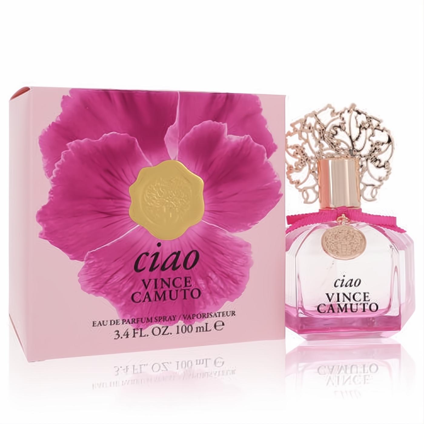 Vince Camuto Ciao 3.4 oz women's EDP spray. Elegant bottle with ornate gold cap, pink ribbon, and vibrant fuchsia floral box.