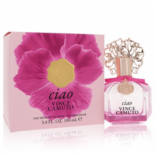 Vince Camuto Ciao 3.4 oz women's EDP spray. Elegant bottle with ornate gold cap, pink ribbon, and vibrant fuchsia floral box.