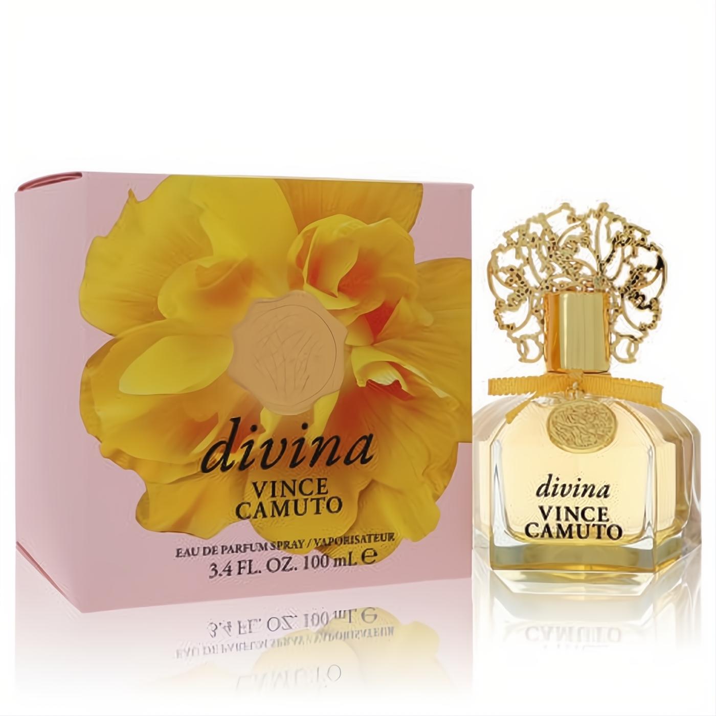 Luxurious Vince Camuto Divina 3.4 oz women's EDP spray. Clear bottle with ornate gold cap, next to its vibrant pink floral box.