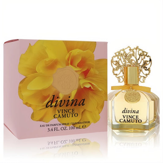 Luxurious Vince Camuto Divina 3.4 oz women's EDP spray. Clear bottle with ornate gold cap, next to its vibrant pink floral box.