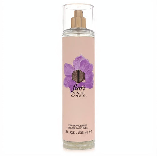 Elegant Vince Camuto Fiori 8 oz body mist. Clear bottle with a soft pink label, gold sprayer, and a beautiful purple floral design.