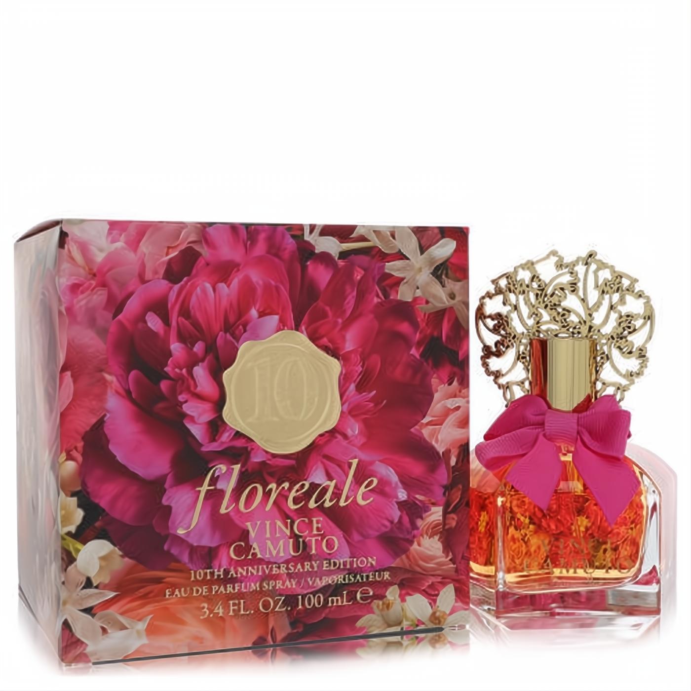 Vince Camuto Floreale 3.4 oz EDP spray: elegant bottle with amber liquid, gold filigree cap, pink bow, and vibrant floral 10th Anniversary box.