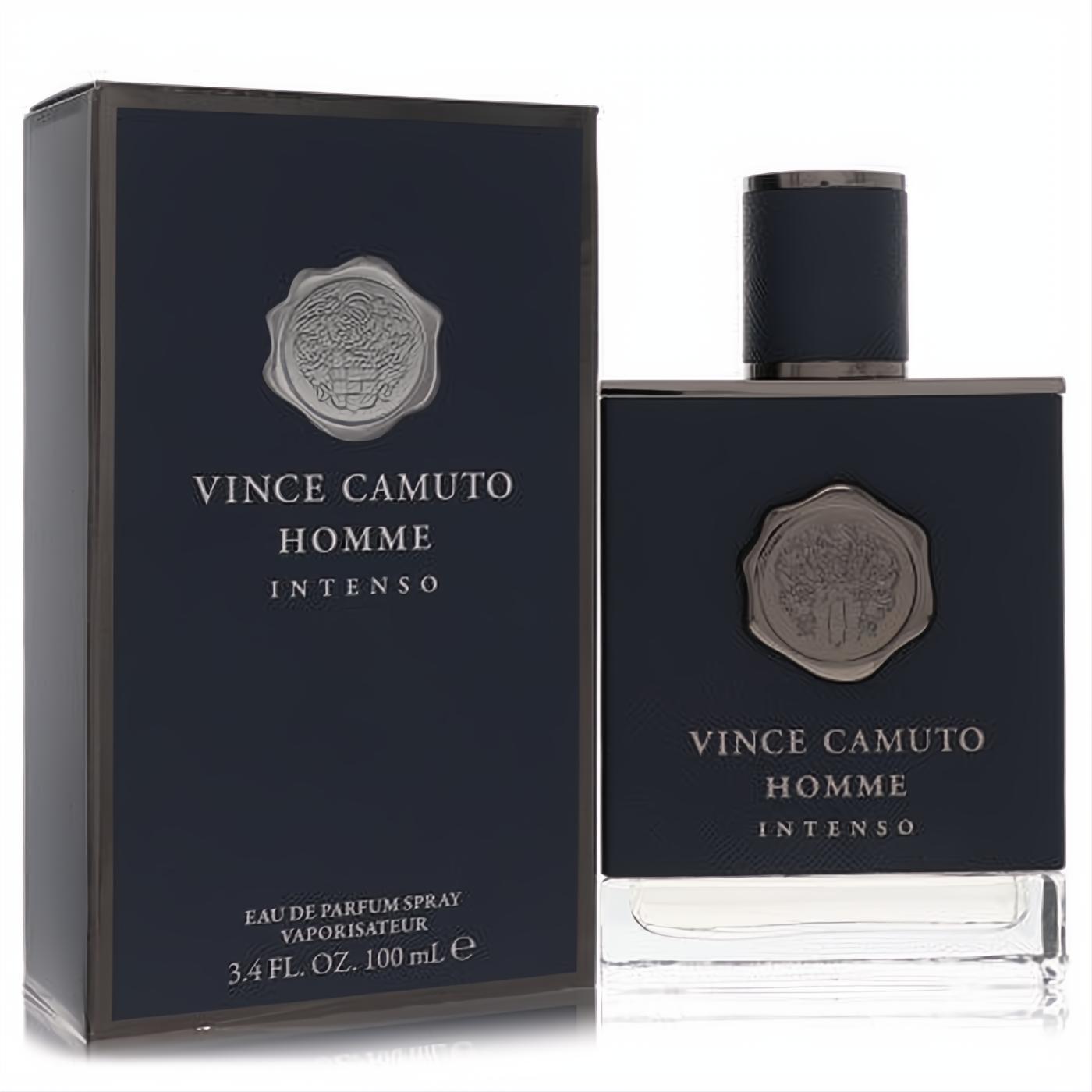 Vince Camuto Homme Intenso 3.4 oz men's Eau De Parfum spray. Elegant navy bottle and box with a distinctive silver seal.