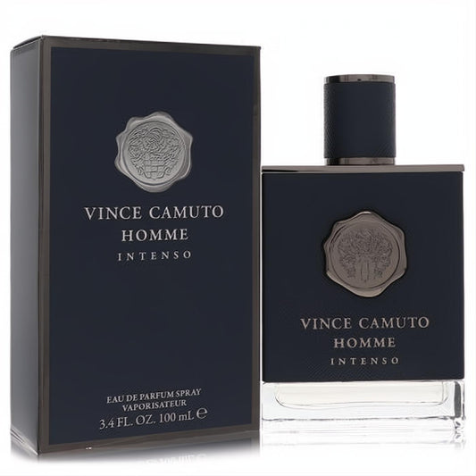 Vince Camuto Homme Intenso 3.4 oz men's Eau De Parfum spray. Elegant navy bottle and box with a distinctive silver seal.